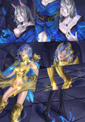 absurdres angel angel_girl animal_ears armor blue_eyes blue_hair blush breasts cleavage comic fox_girl high_heels ibenz009 jewelry kimono large_breasts long_hair magic multiple_tails open_mouth original pale_skin red_eyes short_hair silver_hair tail transformation wings rating:Questionable score:36 user:sk00