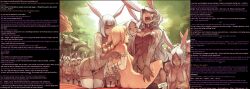 absurdres blonde_hair bunny_girl caption dark_skin faustsketcher femdom final_fantasy final_fantasy_xii fran_(ff12) futanari futasub group_sex manip orgy penelo_(ff12) red_eyes sweat t323_(manipper) text white_hair rating:explicit score: user:t323