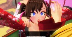 3d blue_eyes blush brown_hair crossed_eyes dialogue female_only femsub japanese_clothing kamen_writer_mc kimono mc_trap_town multiple_girls multiple_subs screenshot text translated twintails rating:Questionable score:4 user:Amazingbrahjr
