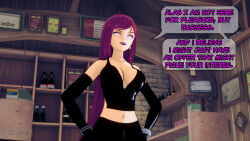 aware circe clothed dc_comics dialogue dogdog english_text female_only latex lipstick purple_hair purple_lipstick solo text white_eyes whitewash_eyes rating:Safe score:0 user:Bootyhunter69