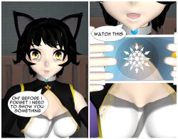 3d absurdres animal_ears blake_belladonna blonde_hair bodysuit cat_girl comic female_only glynda_goodwitch happy_trance kali_belladonna multiple_girls rwby tech_control tepmarmy text yellow_eyes rating:Questionable score:19 user:numemaru