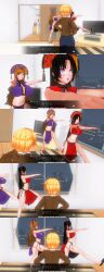 3d absurdres black_hair blue_eyes breasts cleavage comic costume custom_maid_3d_2 dialogue femsub halloween izumi_(made_to_order) kamen_writer_mc large_breasts makeup midriff orange_eyes orange_hair pink_lipstick purple_lipstick rika_(made_to_order) ring_eyes standing standing_at_attention tech_control text translated zombie_walk rating:Questionable score:11 user:Fushigiball