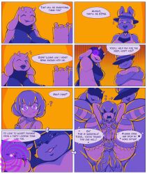  bottomless breasts bunny_futa comic crossdressing double_penetration frisk_(undertale) furry futadom futanari glowing glowing_eyes goat_futa large_breasts magic malesub manip open_mouth penis rabbit_shopkeeper spiral spiral_eyes symbol_in_eyes text the-nsfw-diner thighhighs toriel_dreemurr undertale waverun_(manipper)  rating:explicit score: user:waverun