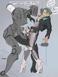  absurdres bodysuit choker dialogue english_text erection futanari green_hair gun high_heels penis resisting robot speech_bubble tech_control text torn_clothes zelhypno  rating:explicit score: user:hornydiot