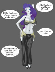 absurdres blue_eyes breasts equestria_girls femsub happy_trance harem_outfit large_breasts long_hair midriff my_little_pony neo-izayoi purple_hair rarity spiral_eyes symbol_in_eyes text white_skin rating:Questionable score:84 user:daveyboysmith9