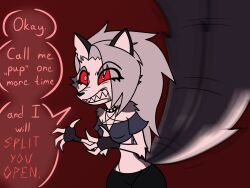 angry clothed femsub freemindstuff furry helluva_boss loona_(helluva_boss) red_eyes speech_bubble wolf_girl rating:Questionable score:79 user:Freemindstff