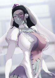 black_hair breasts bridal_veil cables cleavage corruption crown female_only femsub frankenstein's_bride halloween haryudanto jewelry large_breasts nico_robin one_piece purple_eyes restrained shrunken_irises stitches surprised tech_control wedding_dress zombie rating:Questionable score:51 user:thedude107