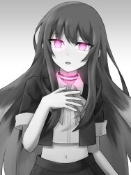  black_hair bow bow_tie collar dazed empty_eyes expressionless female_only femsub glowing glowing_eyes gradient_background greyscale hypnotic_accessory looking_at_viewer midriff multicolored_hair navel open_mouth original pink_eyes simple_background skirt solo tech_control tsukiura_luna very_long_hair  rating:safe score: user:vortexmaster