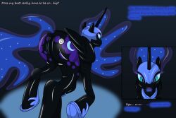 animals_only ass blue_hair corruption femsub furry horse_girl inflatable my_little_pony nightmare_moon nitefire possession princess_luna text rating:Questionable score:41 user:Sleepyhead97