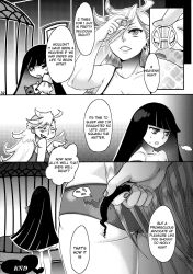 amatake_akewo arms_behind_back bed black_hair blonde_hair blush censored clothed coin comic femsub greyscale long_hair nail_polish panty panty_and_stocking_with_garterbelt parasite short_shorts stocking stuffed_animal sweat tentacles text rating:Questionable score:19 user:HiddenAgenda
