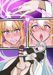 absurdres artoria_pendragon artoria_pendragon_(lancer) balls bare_shoulders blonde_hair blue_eyes blush breasts censored cleavage comic dress drool erection evil_smile eyebrows_visible_through_hair fate/grand_order fate/stay_night fate_(series) femsub futadom futanari glowing glowing_eyes gradient_background hair_ribbon heart heart_eyes huge_cock hypnotic_magic incest large_breasts long_nails love_saber magic midriff morgan_le_fey_(fate) multicolored_hair multiple_girls multiple_subs open_mouth pantyhose penis pink_eyes precum resisting ribbon saber shrunken_irises sisters smile sweat thigh_gap thighs tongue tongue_out undressing very_long_hair witch rating:Explicit score:75 user:BugmenotEncore