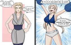 before_and_after blonde_hair breasts cheerleader cleavage domestication female_only femsub happy_trance large_breasts long_hair naruto_(series) polmanning text tsunade western rating:Questionable score:125 user:PolManning