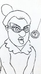 absurdres disney female_only femsub glasses greyscale guilty_party itemshoplifter judith_prudence open_mouth pendulum spiral_eyes symbol_in_eyes rating:questionable score: user:hypno-daisy