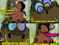 aged_up breasts choking coils comic happy_trance hypnotic_eyes kaa kaa_eyes large_breasts nude shanti singing text the_jungle_book topless waqqed_(manipper) rating:Explicit score:13 user:RayX