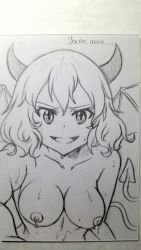 absurdres demon_girl dialogue femdom horns inma_(myuk) looking_at_viewer monster_girl myuk original pov pov_sub solo succubus sweat tail text traditional wings rating:Questionable score:51 user:Myuk