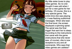bed brown_hair caption drool long_hair panties piper_(manipper) school_uniform skirt skirt_lift sleeping spiral subliminal text unaware underwear video_game rating:questionable score: user:eodez