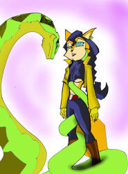 black_hair carmelita_fox coils crotch_rub emeraldsage femsub fox_girl furry hypnotic_eyes kaa_eyes long_hair maledom sly_cooper_(series) snake standing standing_at_attention rating:questionable score: user:hypno