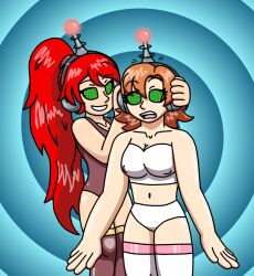 antenna bikini breasts cleavage dazed erect_nipples female_only fembot femsub happy_trance headphones hypnotic_accessory hypnotized_assistant hypnotized_hypnotist large_breasts latex long_hair nora_valkyrie open_mouth ponytail pyrrha_nikos red_hair robotization rwby short_hair smile spiral_eyes supertechno324 symbol_in_eyes tech_control western rating:Questionable score:73 user:SuperTechno324