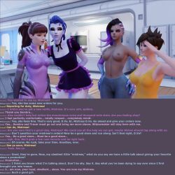 3d blue_hair blue_skin breasts brown_hair caption corruption d.va dazed dialogue expressionless female_only femdom femsub happy_trance hypnotic_accessory hypnotized_hypnotist long_hair microchip multiple_girls nipples nude open_clothes open_mouth overwatch resisting smile sombra_(overwatch) spllcstr standing tech_control text topless tracer widowmaker rating:Explicit score:60 user:Spllcstr