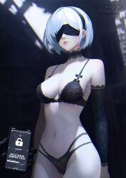  absurdres blindfold body_control bra breasts choker cleavage clothed_exposure corruption expressionless female_only femsub hacking lace light_skin lingerie midriff mind_hack navel nier_automata outdoors panties phone pov pov_dom robot robot_girl rukunikun short_hair standing standing_at_attention tech_control text underwear watermark white_hair yorha_no._2_type_b  rating:questionable score: user:rukunikun