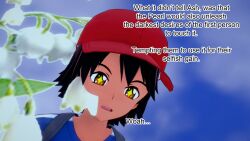 ash_ketchum aware backpack black_hair closed_eyes clothed dialogue male_only mustardsauce orange_eyes outdoors pokemon pokemon_(anime) solo symbol_in_eyes text rating:Safe score:1 user:Bootyhunter69