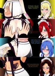 3d ass ass_grab blonde_hair blue_hair breast_grab brown_hair cana_alberona comic crowbug erza_scarlet fairy_tail femsub glasses juvia_loxar koikatsu! lucy_heartfilia maid maid_headdress maledom red_hair spiral_eyes text thick_thighs thighs rating:Questionable score:35 user:Crowbug