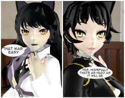 3d absurdres animal_ears blake_belladonna blonde_hair bodysuit cat_girl comic female_only glynda_goodwitch happy_trance kali_belladonna multiple_girls rwby tech_control tepmarmy text yellow_eyes rating:Questionable score:12 user:numemaru