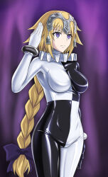 blonde_hair braid cameltoe clown empty_eyes fate/apocrypha fate/grand_order fate_(series) hair_ornament hair_ribbon jeanne_d'arc_(fate) purple_eyes ribimura simple_background standing_at_attention rating:Questionable score:62 user:SaltyGacha
