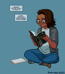 brown_hair clothed comic dark_skin drugs female_only glasses simple_background solo sortimid text thought_bubble rating:Safe score:28 user:AGBell8