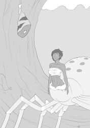 abs absurdres ada_carli black_hair breasts bug_girl dark_skin drider drool faux_drider female_only greyscale hypnotic_food large_breasts midriff monochrome monster_girl multiple_legs oo_sebastian_oo original short_hair shrunken_irises spider_girl rating:Safe score:25 user:brotherthat