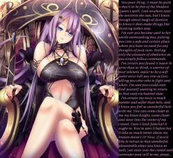 blue_eyes breasts caption caption_only choker crystal earrings enemy_conversion femdom hair_ornament headdress hypnotic_accessory long_hair looking_at_viewer manip mikan_(5555) necklace original pov pov_sub purple_hair sitting text rating:Safe score:65 user:Detour