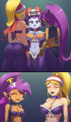 absurdres blonde_hair breasts cleavage crimson_(stepfordcrimson) dark_skin dazed drool earrings elf_ears female_only femdom femsub genie happy_trance hypnotic_breasts jewelry large_breasts long_hair looking_at_viewer multiple_girls open_mouth original pirate ponytail purple_hair risky_boots shantae shantae_(series) short_hair smile spiral spiral_eyes spiralwash_eyes standing standing_at_attention symbol_in_eyes zelamir rating:Safe score:339 user:StepfordCrimson