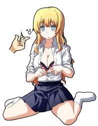  blonde_hair bra breasts empty_eyes etlabsotwe expressionless finger_snap large_breasts long_hair socks trigger undressing  rating:questionable score: user:l12@