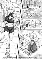 bent_over bike_shorts blush bouncing_breasts breasts comic earbuds exercise femsub greyscale hypnotic_gas hypnotic_plant midriff monochrome natsumemetalsonic navel open_mouth outdoors pheromones plant running short_hair sports_bra sweat wrist_band rating:Safe score:130 user:Ogodei-Khan