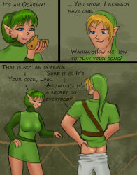 breasts comic elf elf_ears femsub green_hair langtang's_wife large_breasts link maledom nintendo ocarina_of_time saria text the_legend_of_zelda undressing rating:Explicit score:23 user:langtang