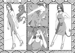 comic demon femsub greyscale high_heels long_hair original possession rhaokja text rating:questionable score: user:thegoodshank