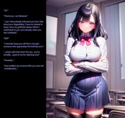 ai_art black_hair breasts caption classroom crossed_arms english_text femsub grey_eyes large_breasts looking_at_viewer manip original school_uniform stable_diffusion_(ai) text thighhighs turning_the_tables rating:Explicit score:66 user:WMTX