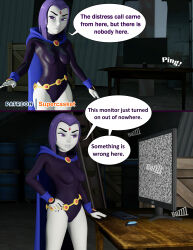 3d absurdres breasts comic dc_comics female_only grey_skin large_breasts purple_hair raven source_filmmaker super_hero supercasket teen_titans text rating:Questionable score:46 user:Drex_O