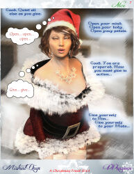 3d absurdres brown_eyes brown_hair christmas comic dazed eye_roll femsub fishnets happy_trance hat lingerie magic maledom mistralonyx necklace open_mouth original poser santa_hat standing text thighhighs thought_bubble underwear vvrayven rating:Questionable score:13 user:VVrayven