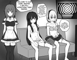 absurdres akane_shinjo black_hair bra breasts brown_hair cleavage clothed_exposure couch dazed drool etlabsotwe expressionless female_only femsub greyscale gridman_universe haru_(yakai) headphones hypnotic_audio hypnotic_screen hypnotized_hypnotist jacket jeans maid mantra open_mouth original panties saimi_(anmin_daiteitoku) sex_toy sitting skirt spiral_eyes ssss.gridman symbol_in_eyes tech_control text thighhighs topless underwear vibrator rating:Explicit score:203 user:anonlv000