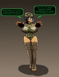 abs absurdres black_hair boots breasts brown_eyes dialogue doll dollification empty_eyes female_only fembot femsub fingerless_gloves gloves gradient_background hair_covering_one_eye large_breasts military_hat military_uniform navel open_mouth original robot robotization samurai_cowboy_(someguy231) short_hair simple_background speech_bubble supertechno324 tech_control text thigh_boots thighhighs transfem transgender_identity western zombie_walk rating:Questionable score:21 user:SuperTechno324