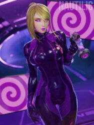 3d absurdres alternate_color_scheme blonde_hair bodysuit breasts cameltoe earrings eyelashes eyeshadow female_only femsub glowing glowing_eyes headphones hypnotic_screen lipstick long_hair looking_at_viewer makeup metroid_(series) mole nautilic nintendo open_mouth pink_eyes ponytail purple_eyes purple_lipstick samus_aran signature smile solo spiral spiral_eyes standing tech_control thigh_gap thighs zero_suit rating:Questionable score:53 user:VortexMaster