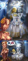 absurdres blonde_hair blue_hair breasts cleavage comic dress ibenz009 large_breasts long_hair open_mouth original red_hair robot short_hair silver_hair rating:Questionable score:33 user:sk00