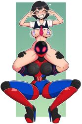 bare_legs bikini bimbofication black_eyes black_hair blush bottomless bra breasts collarbone double_v heart_eyes high_heels large_breasts marvel_comics one_eye_open peni_parker posing red_eyes robot robot_girl school_uniform shirt_lift short_hair simple_background smile socks spider-man_(series) spread_legs squatting symbol_in_eyes tie v w_arms wink wrenzephyr2 rating:Questionable score:141 user:da_janitor2