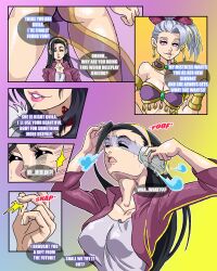black_hair breasts closed_eyes comic earrings female_only femdom femsub guila harem_outfit hypnotic_accessory hypnotic_eyes jericho long_hair merlin_(the_seven_deadly_sins) pale_skin pink_eyes schlumper surprised text the_seven_deadly_sins visor rating:Explicit score:73 user:Schlumper_