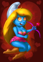14-bis absurdres blonde_hair blue_skin boots cleavage femsub happy_trance heart heart_eyes magic smurfette spiral_eyes symbol_in_eyes the_smurfs valentine's_day western rating:Questionable score:49 user:daveyboysmith9