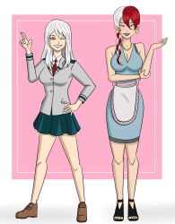 alternate_costume apron breasts cleavage domestication dress femsub genderswap happy_trance housewife large_breasts my_hero_academia necklace polmanning red_eyes rei_todoroki short_hair shoto_todoroki smile stepfordization transformation white_hair rating:Questionable score:48 user:PolManning