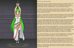 absurdres breasts caption caption_only chains consensual dress female_only femsub gladiator_sandals goddess green_hair hawkeye_(writer) kid_icarus large_breasts manip necklace neo-izayoi nintendo palutena smile text thighhighs very_long_hair rating:Safe score:114 user:Hawkeye