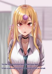 amagiri_miki blonde_hair blush breasts choker cleavage collarbone earrings empty_eyes expressionless femsub hard_translated large_breasts long_hair maledom marin_kitagawa my_dress-up_darling open_mouth pendulum red_eyes school_uniform text tie tongue translated rating:Safe score:27 user:roseateheart
