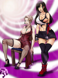 7th-heaven black_hair blonde_hair breasts chair dress drool earrings femsub final_fantasy final_fantasy_vii gloves high_heels kaa_eyes large_breasts long_hair necklace nipples open_mouth panties red_dress scarlet_(ff7) sitting skirt spiral_background spread_legs thighhighs tifa_lockhart torn_clothes rating:Explicit score:220 user:Arata